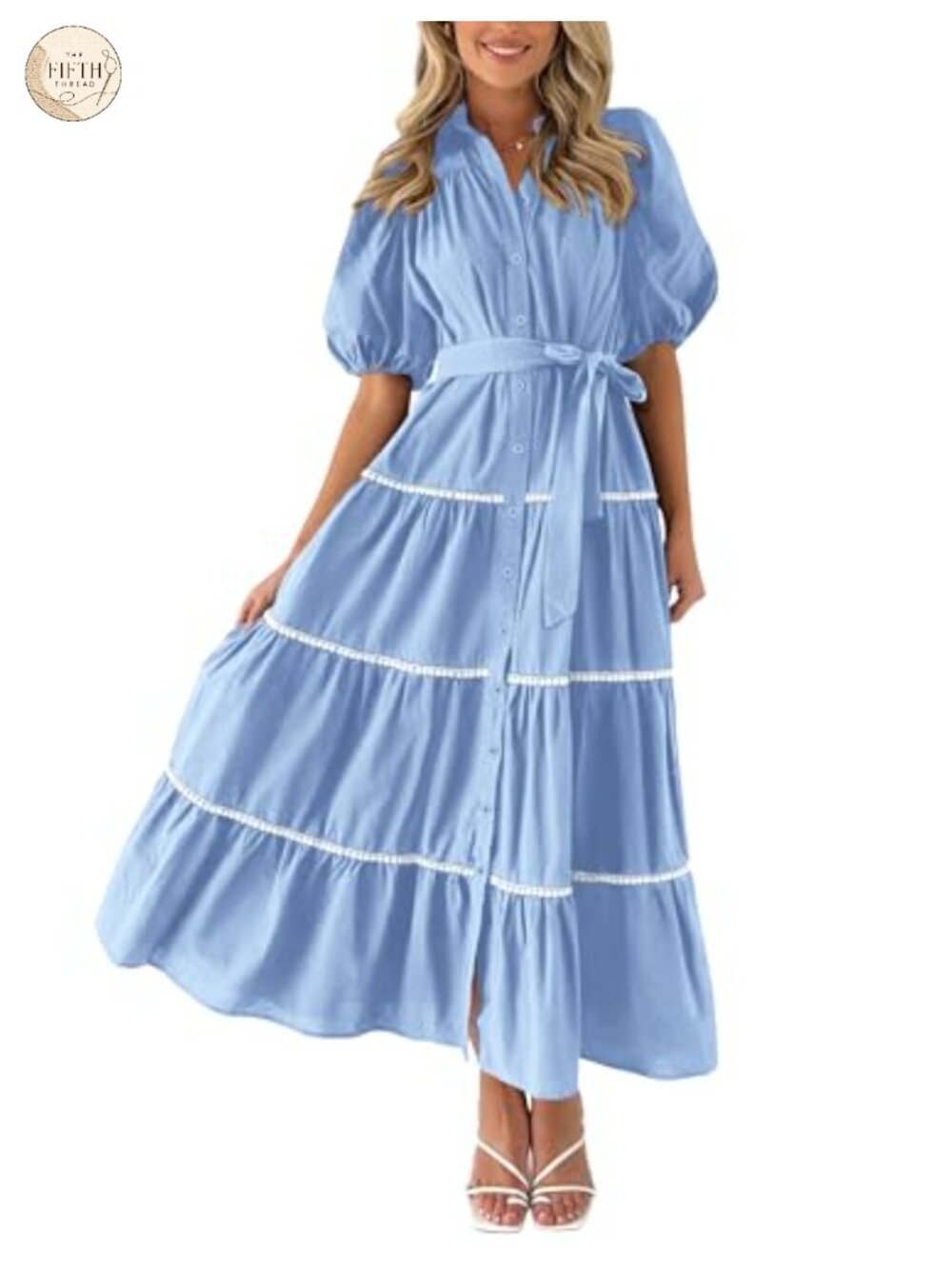 Women's Summer Tiered Maxi Shirt Dress V Neck Button Down